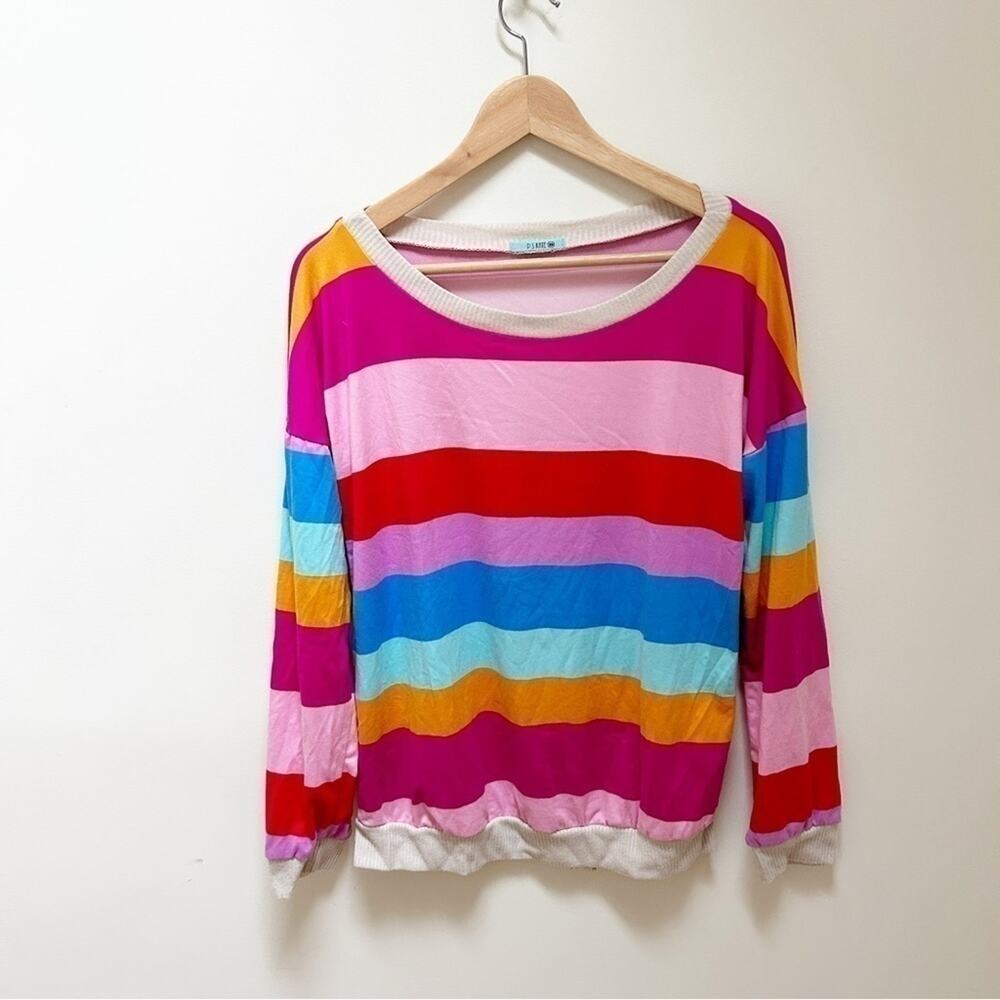 P.S. Kate Multicolor Striped Wide Neck Long Sleeve Pullover Casual Top Size S